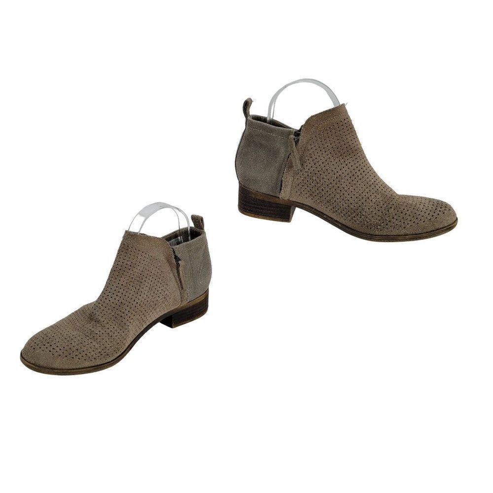 Toms Ankle Booties Deia Casual Boho Perforated Suede Canvas Block Heel Zip Tan 8